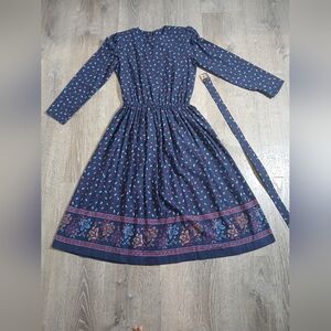 Vintage Malouf Elegant Navy Blue Printed Dress Belted Average Size 10